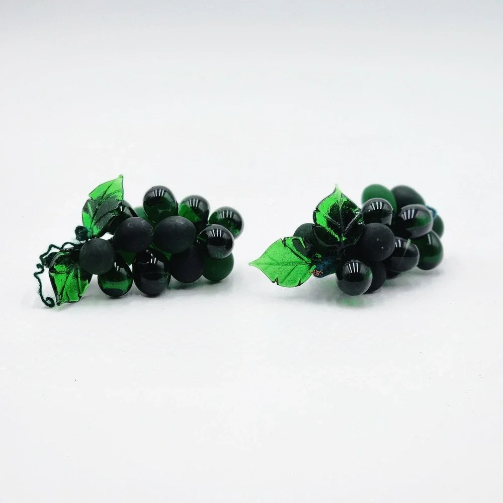 Vintage Green Glass Grape‎ Cluster Set of 2 Fruit Decor Mid Century Table Accent